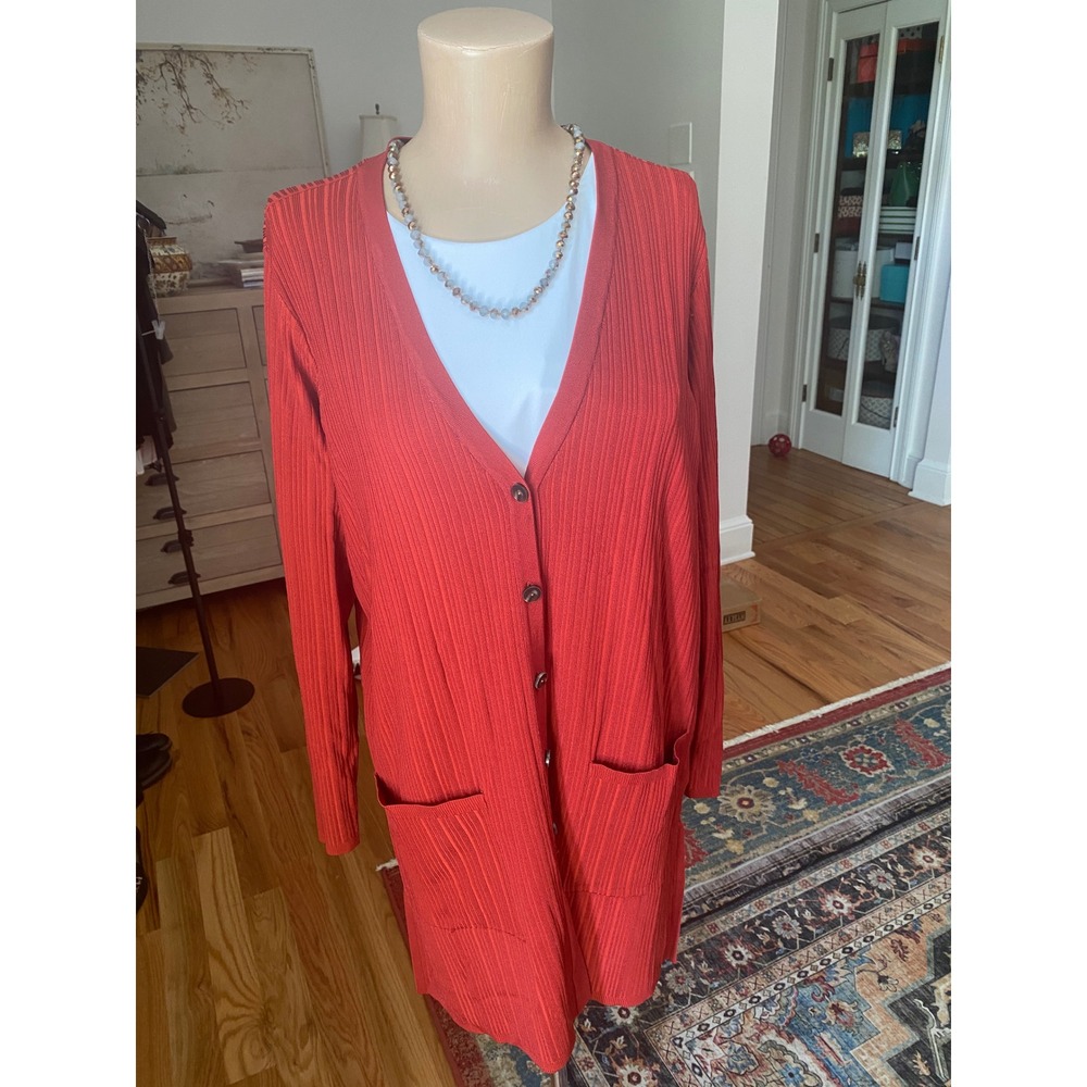 Chico's Rusty Red Ribbed Cardigan Sweater Size 2 Large V-Neck Button Front
